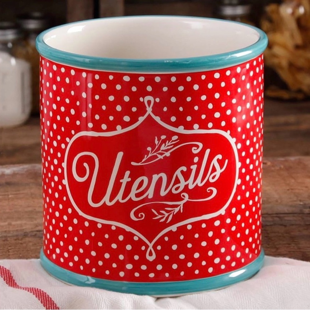 Pioneer Woman Red Polka Dot Utensils Crock